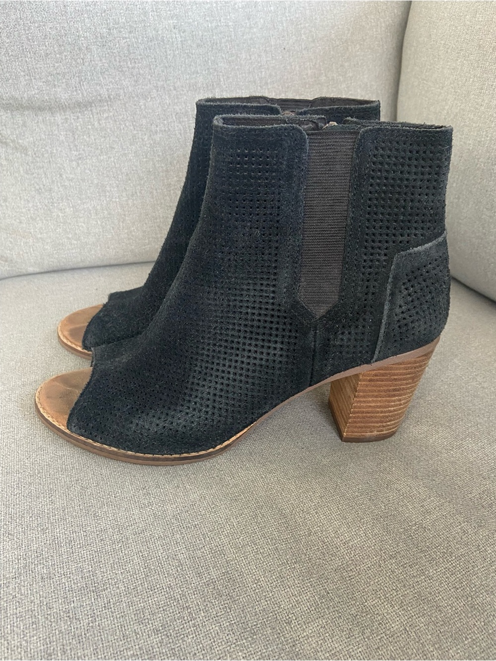 Toms Black Perforated Suede Peep-Toe Ankle Booties with Stacked Heel